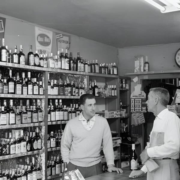 Two men stand behind a counter in a liquor store, surrounded by shelves of bottles.
