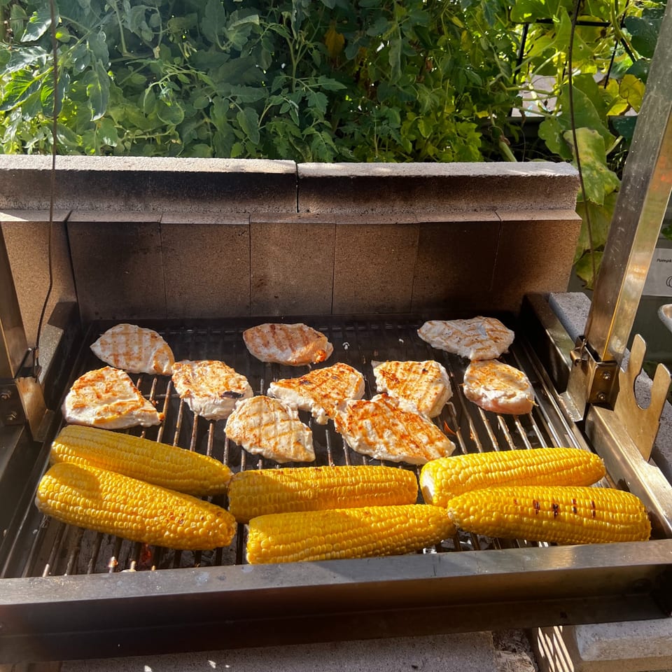 Outdoor grill loaded with grilled chicken breasts and golden corn on the cob, surrounded by lush garden foliage.